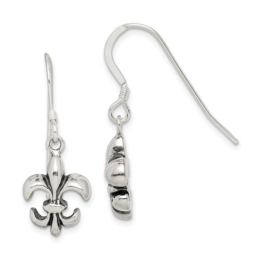 Sterling Silver Polished & Antiqued Fleur De Lis Dangle Earrings