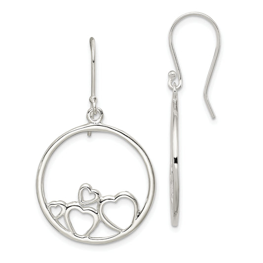 Sterling Silver Rhodium-Plated Polished Open Hearts Circle Dangle Earrings