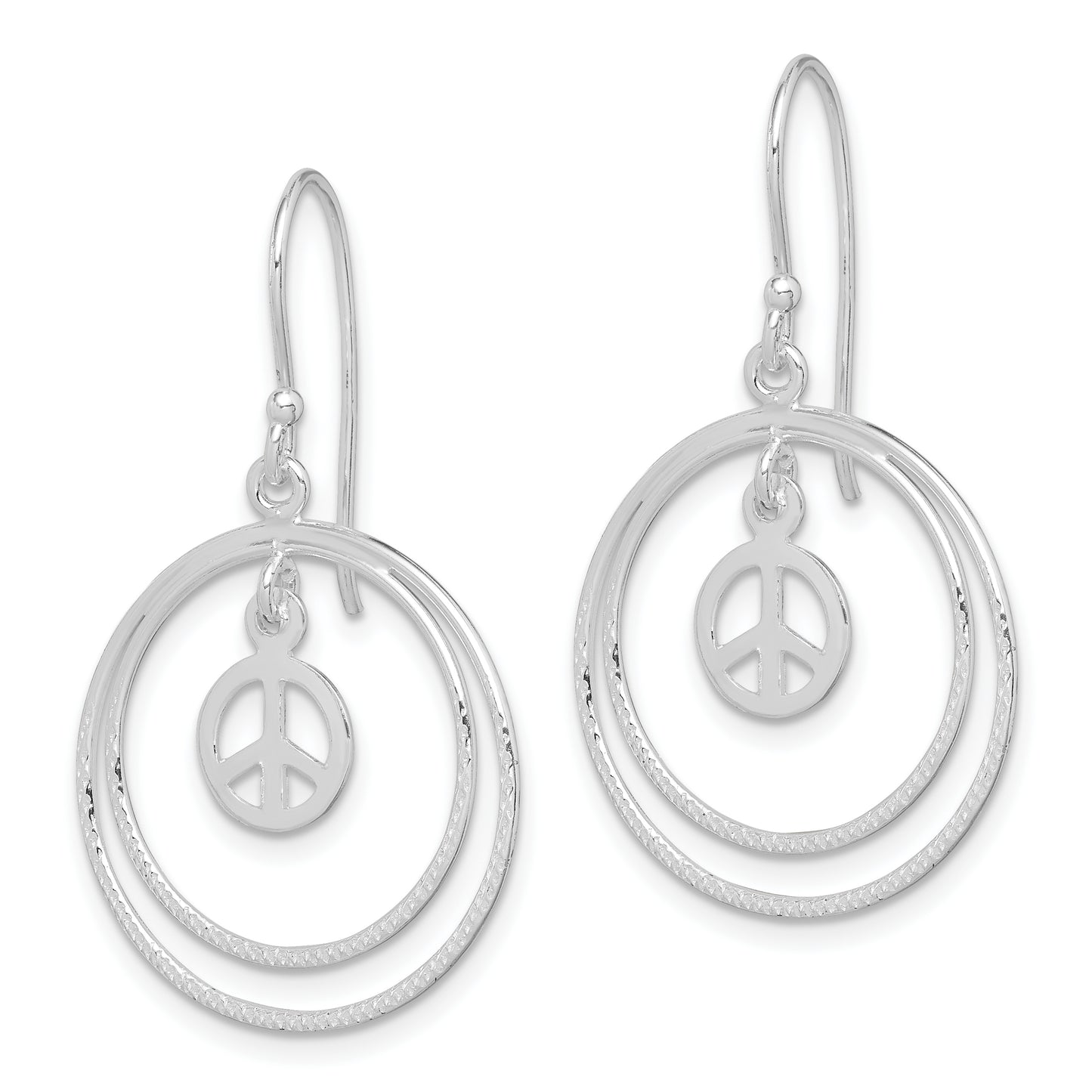 Sterling Silver Rhodium-Plated Circles W/Peace Symbol Dangle Earrings