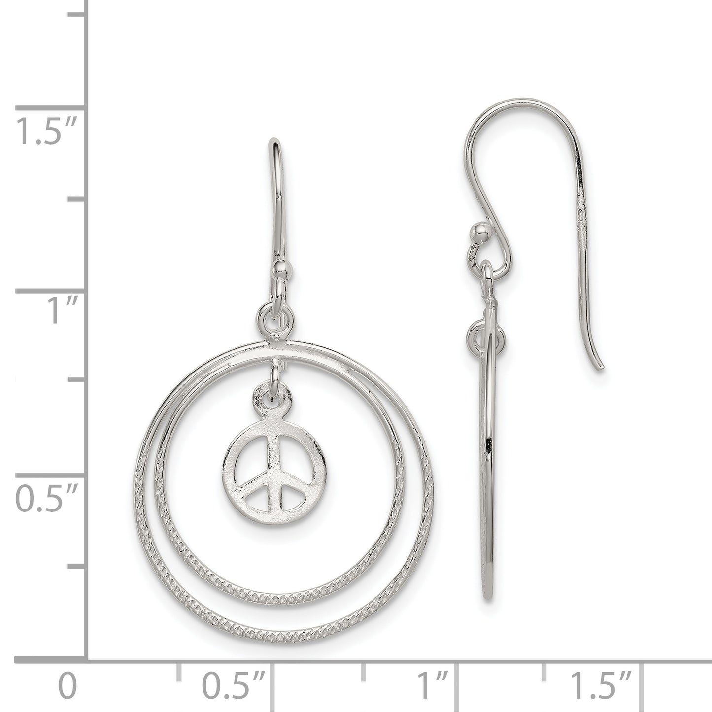 Sterling Silver Rhodium-Plated Circles W/Peace Symbol Dangle Earrings