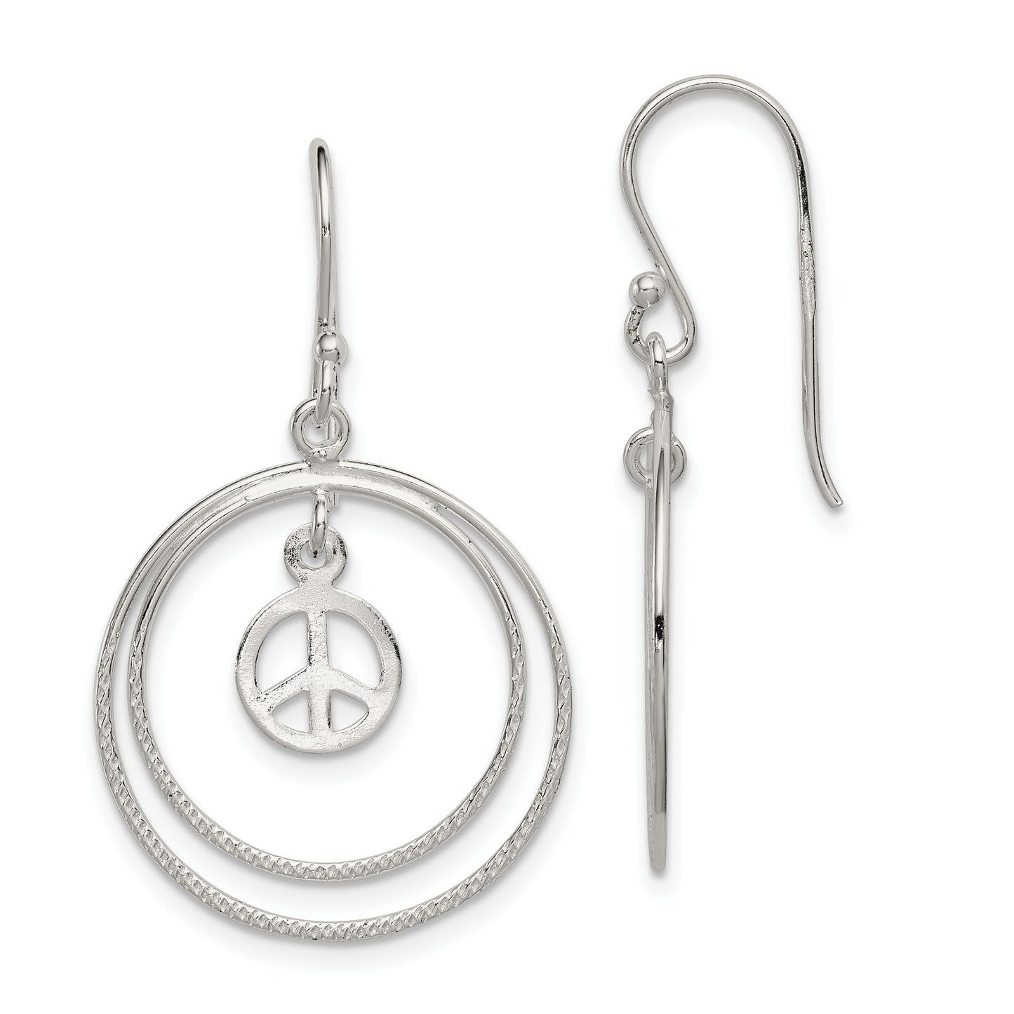 Sterling Silver Rhodium-Plated Circles W/Peace Symbol Dangle Earrings