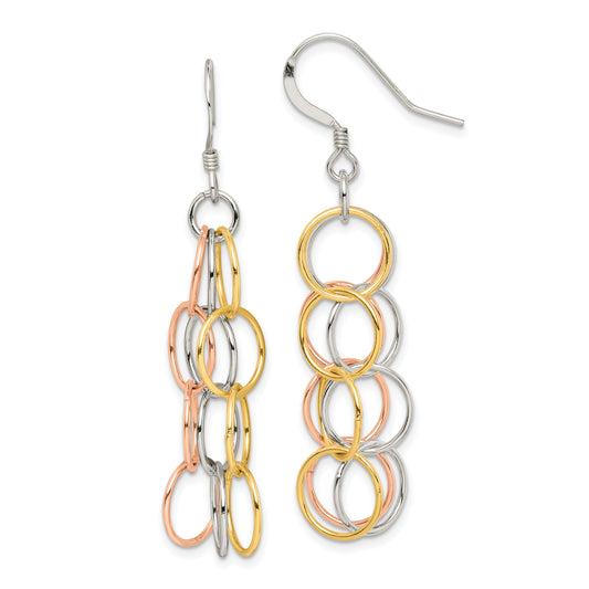 Sterling Silver W/ Tri-Color Vermeil Polished Circle Link Dangle Earrings