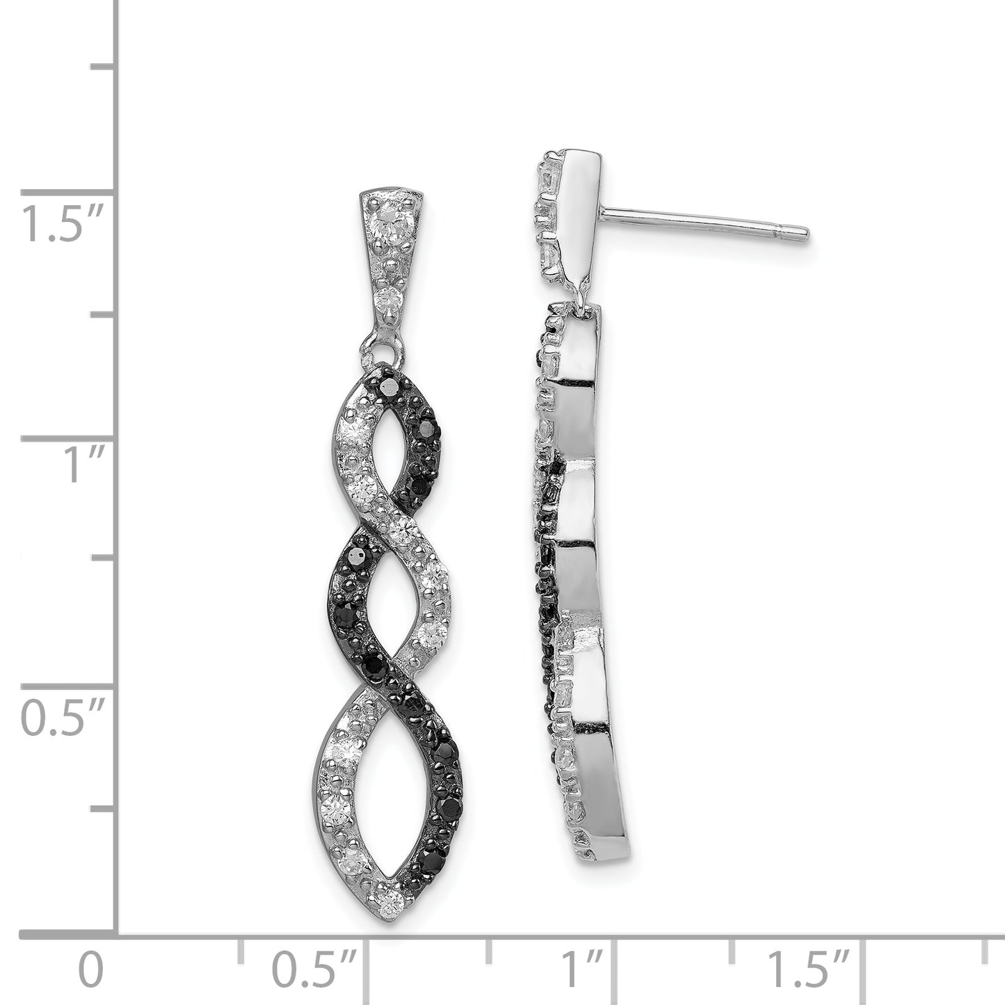 Sterling Silver Rhod-Plated Black & White Cz Twist Post Dangle Earrings