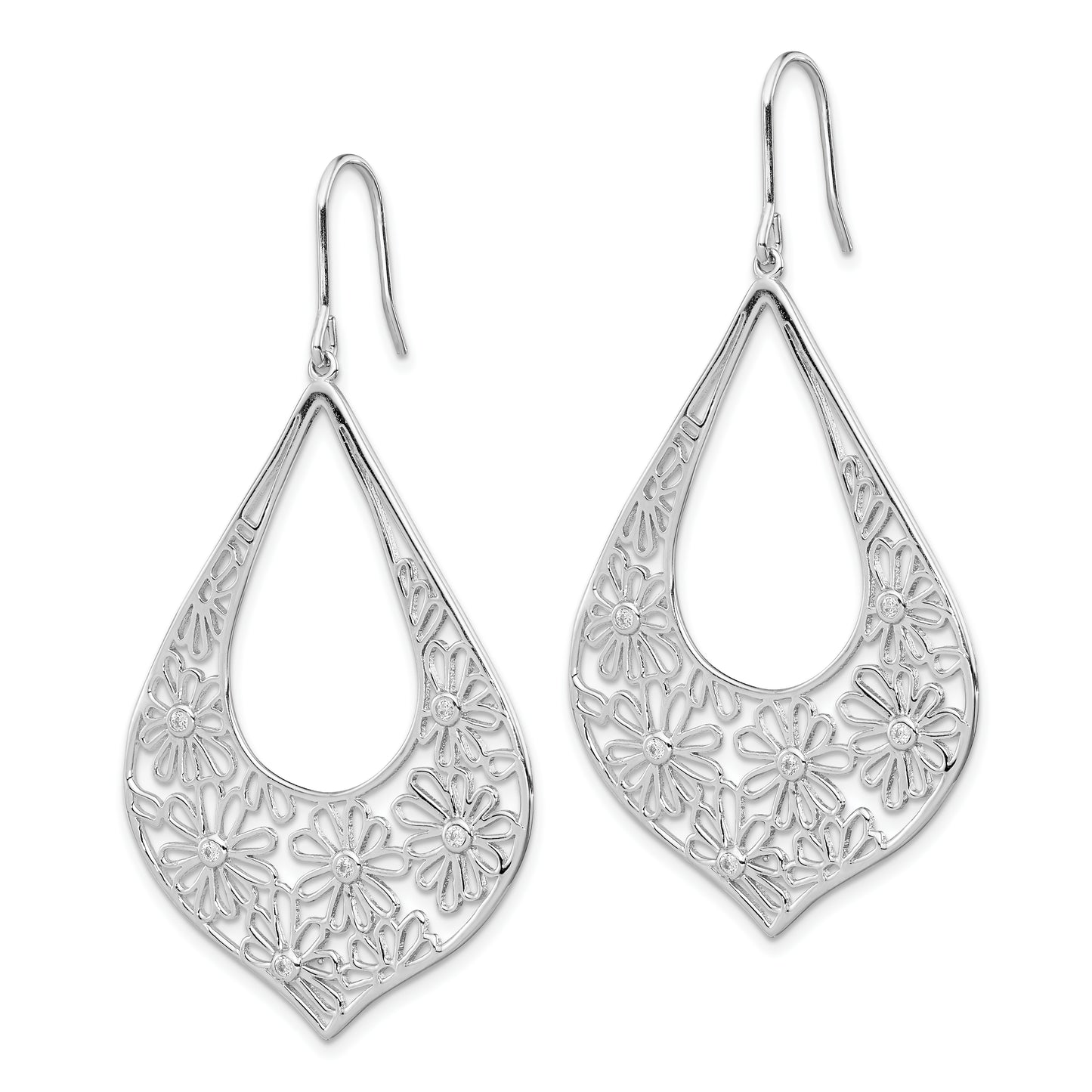 Sterling Silver Rhodium-Plated Polished Cz Floral Teardrop Dangle Earrings