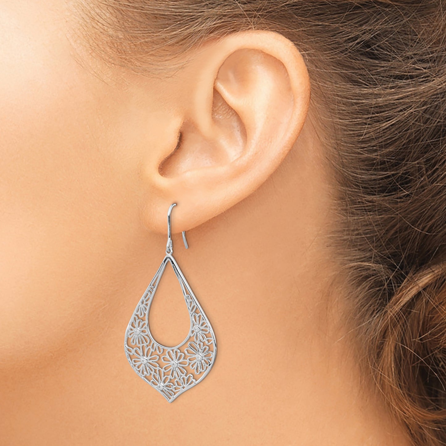 Sterling Silver Rhodium-Plated Polished Cz Floral Teardrop Dangle Earrings