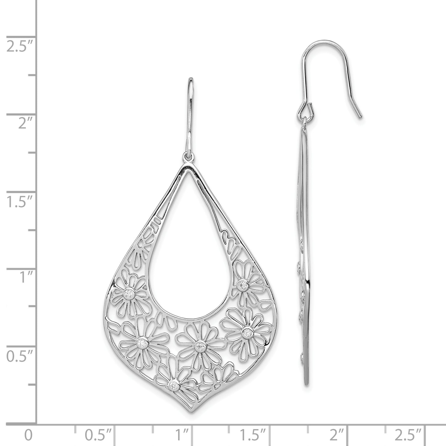 Sterling Silver Rhodium-Plated Polished Cz Floral Teardrop Dangle Earrings