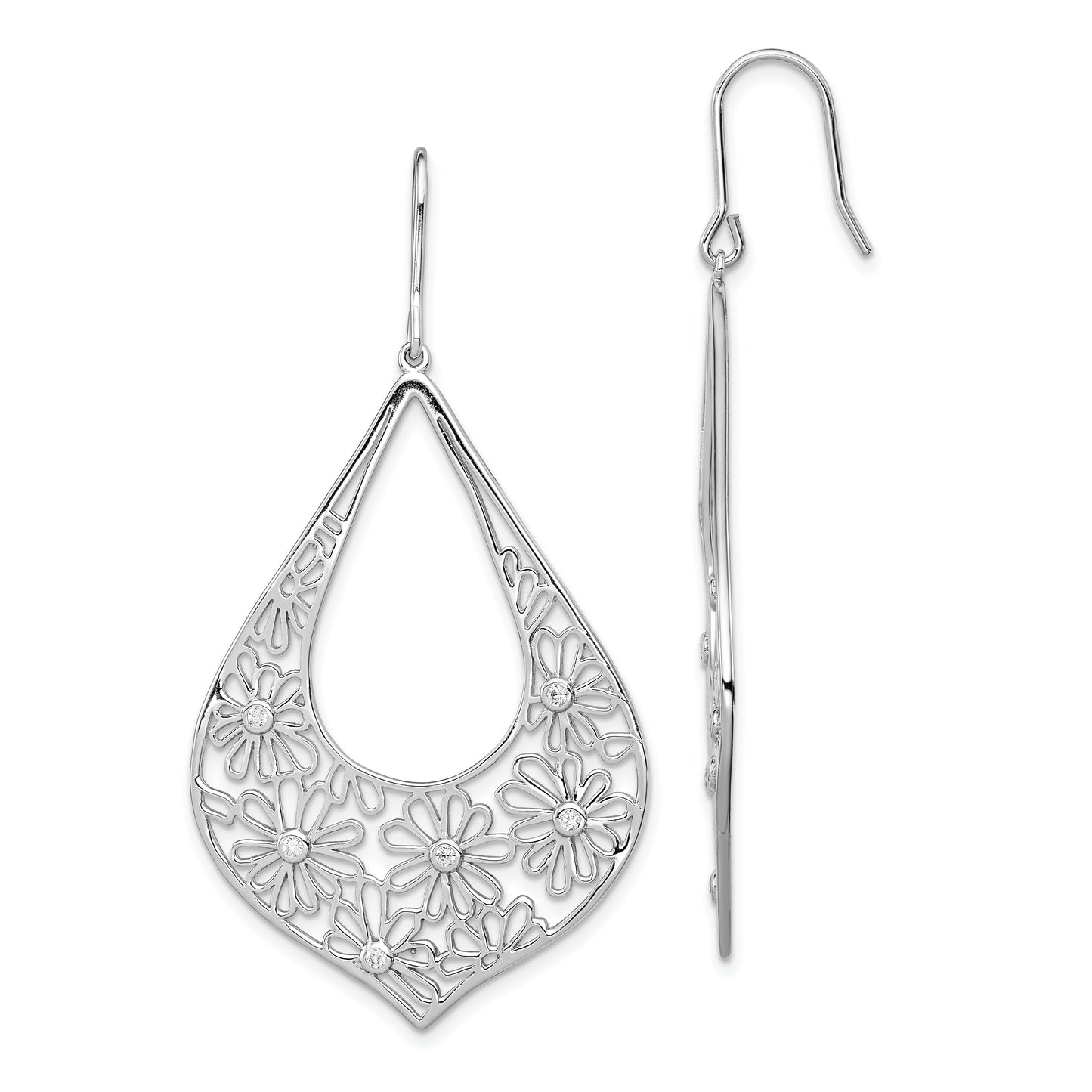 Sterling Silver Rhodium-Plated Polished Cz Floral Teardrop Dangle Earrings