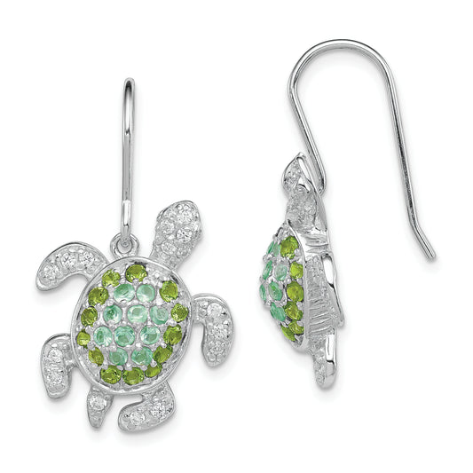 Sterling Silver Rhodium-Plated Multi Cz Turtle Dangle Earrings