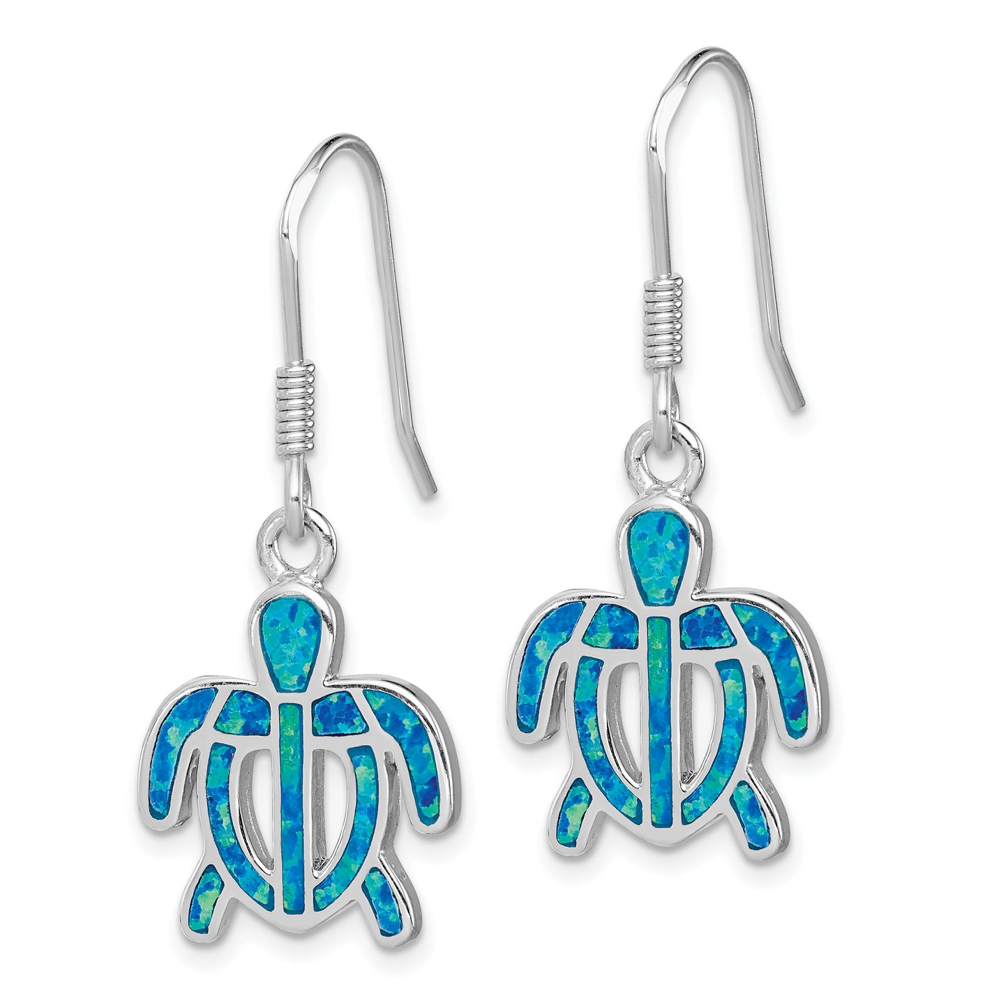 Sterling Silver Rhodium-Plated Created Blue Opal Inlay Tortoise Dangle Earrings