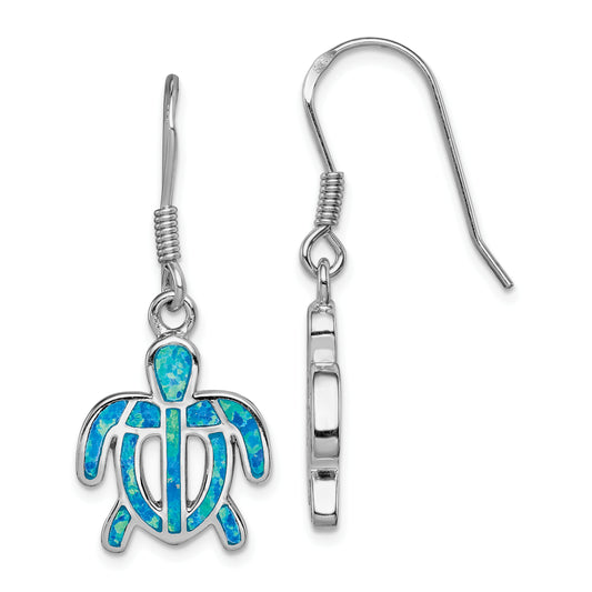 Sterling Silver Rhodium-Plated Created Blue Opal Inlay Tortoise Dangle Earrings