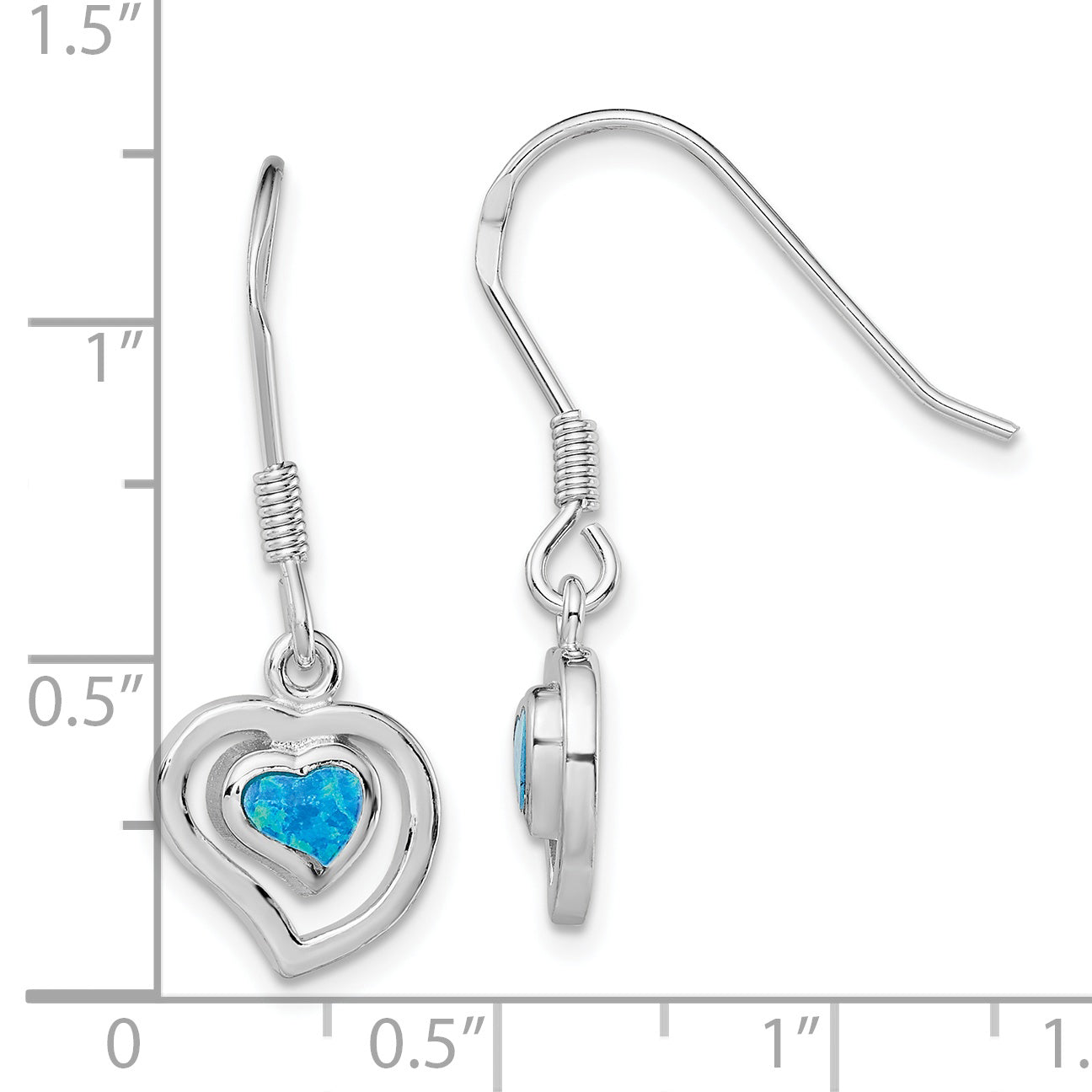 Sterling Silver Rhod-Pltd Created Blue Opal Inlay Heart Dangle Earrings