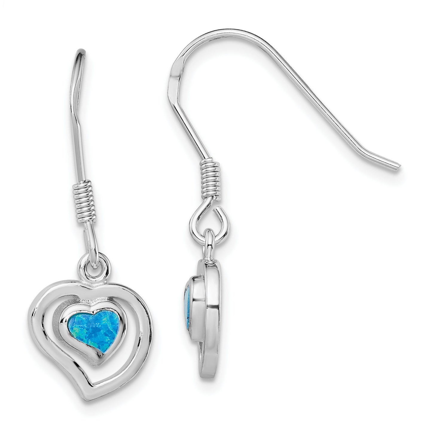 Sterling Silver Rhod-Pltd Created Blue Opal Inlay Heart Dangle Earrings