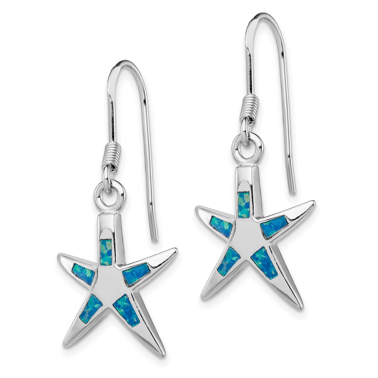 Sterling Silver Rhodium-Plated Polished Created Blue Opal Inlay Starfish Dangle Earrings