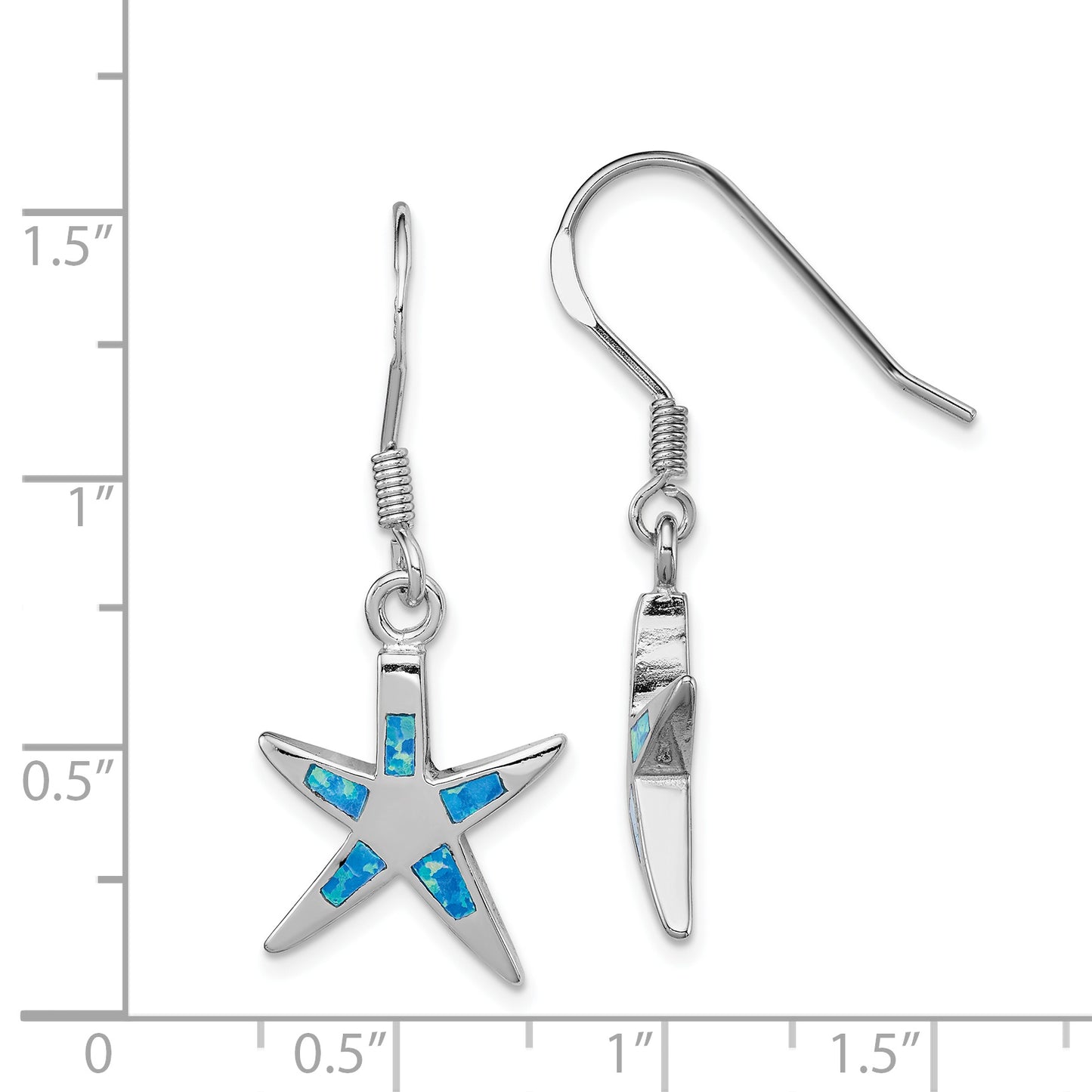 Sterling Silver Rhodium-Plated Polished Created Blue Opal Inlay Starfish Dangle Earrings