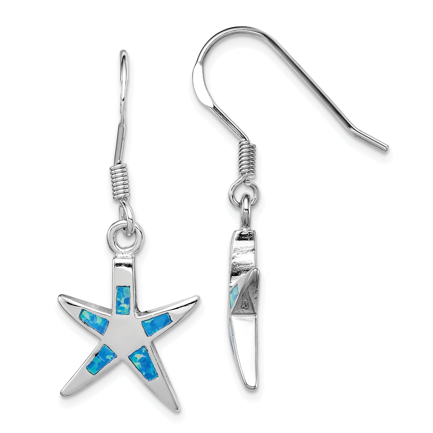 Sterling Silver Rhodium-Plated Polished Created Blue Opal Inlay Starfish Dangle Earrings