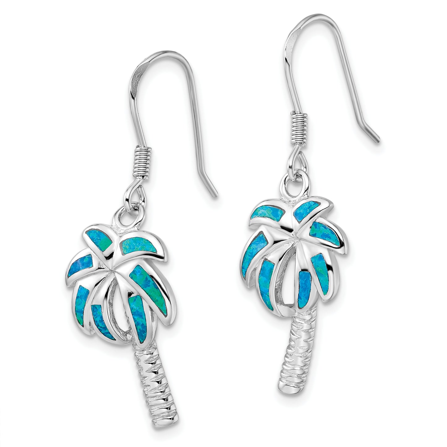 Sterling Silver Rhodium-Plated Created Blue Opal Inlay Palm Tree Dangle Earrings