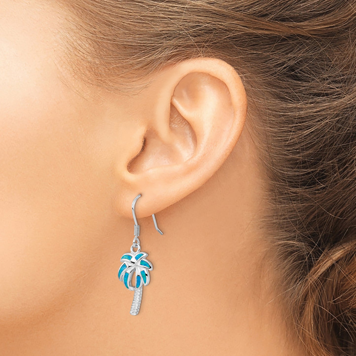 Sterling Silver Rhodium-Plated Created Blue Opal Inlay Palm Tree Dangle Earrings