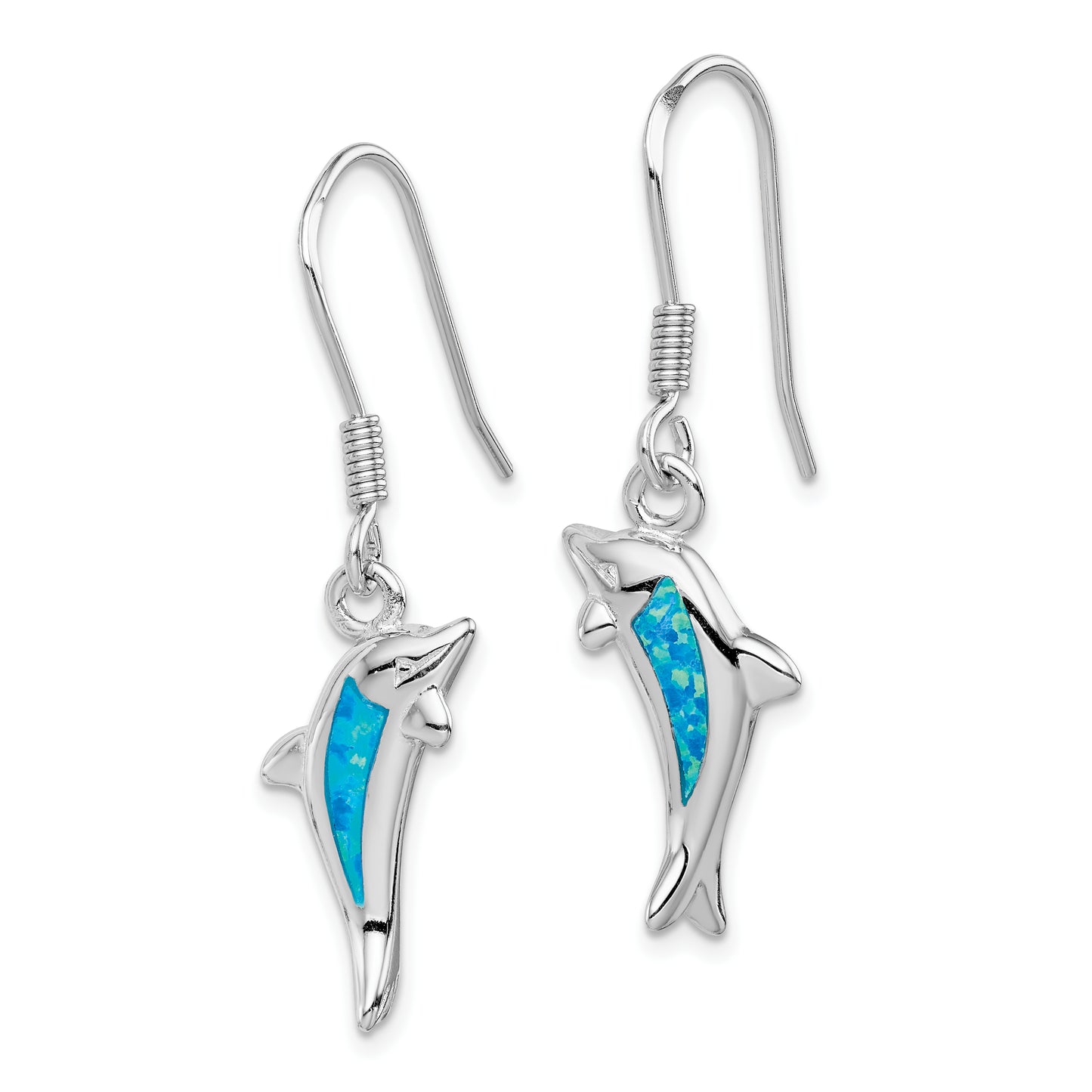 Sterling Silver Rhodium-Plated Polished Created Blue Opal Inlay Dolphin Dangle Earrings