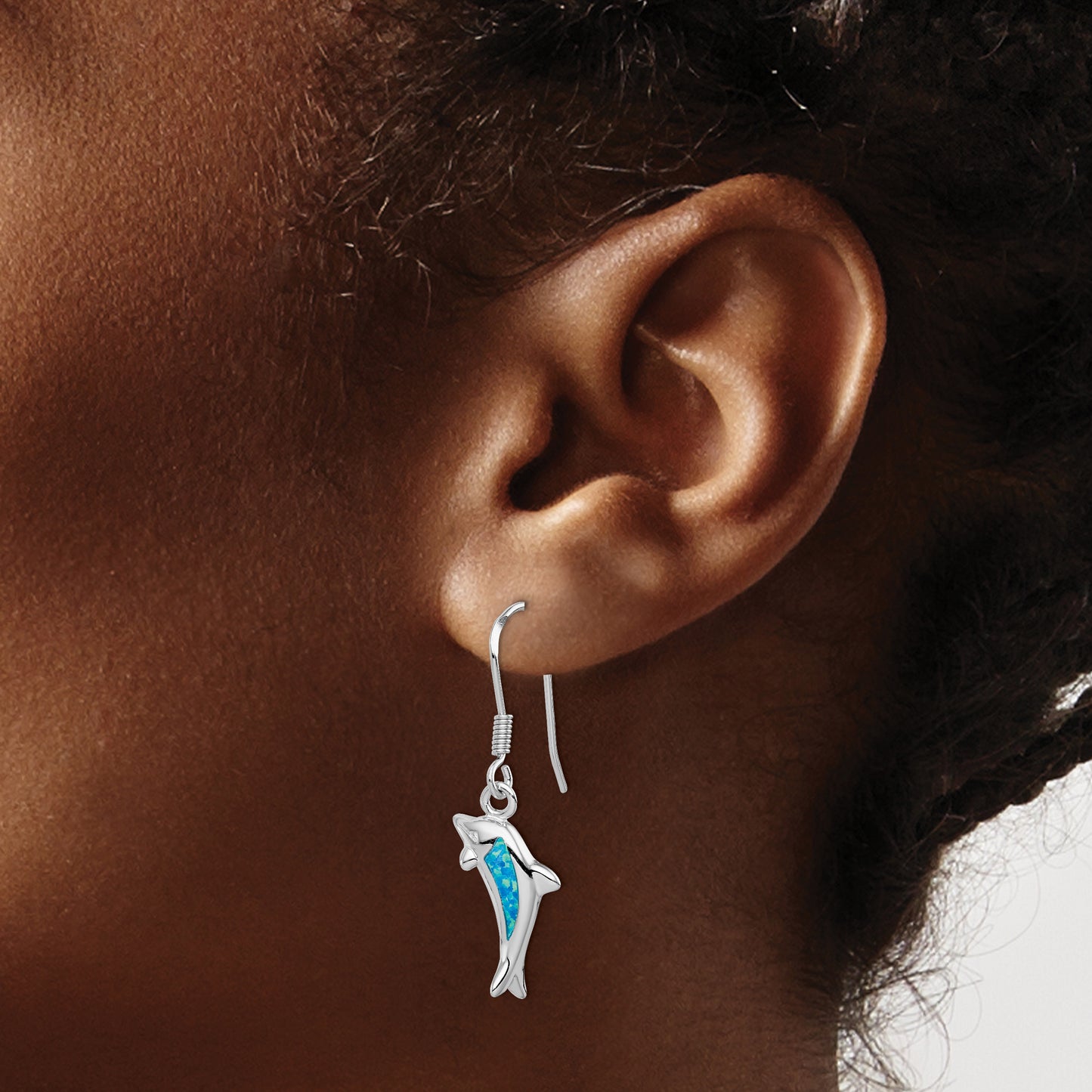 Sterling Silver Rhodium-Plated Polished Created Blue Opal Inlay Dolphin Dangle Earrings