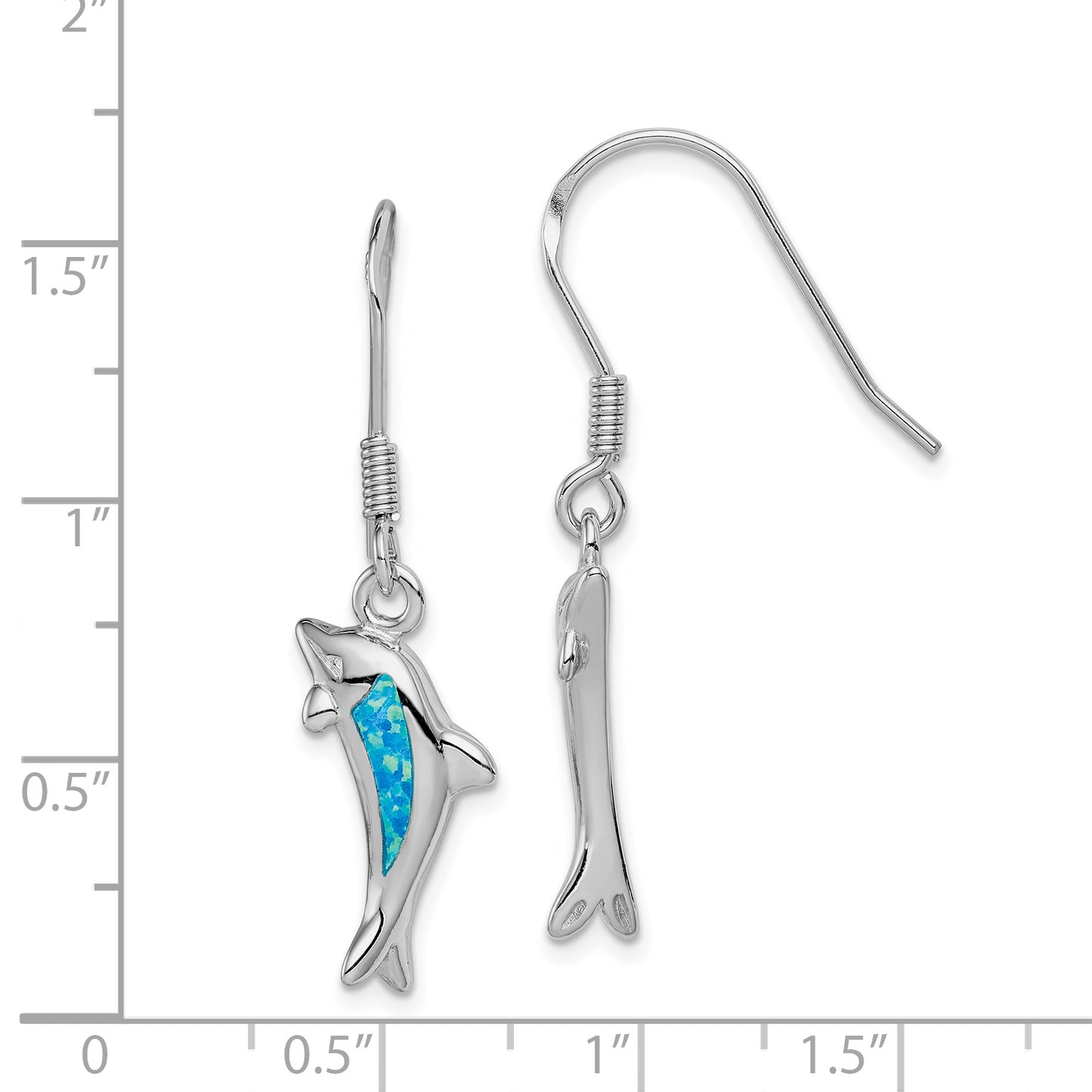 Sterling Silver Rhodium-Plated Polished Created Blue Opal Inlay Dolphin Dangle Earrings