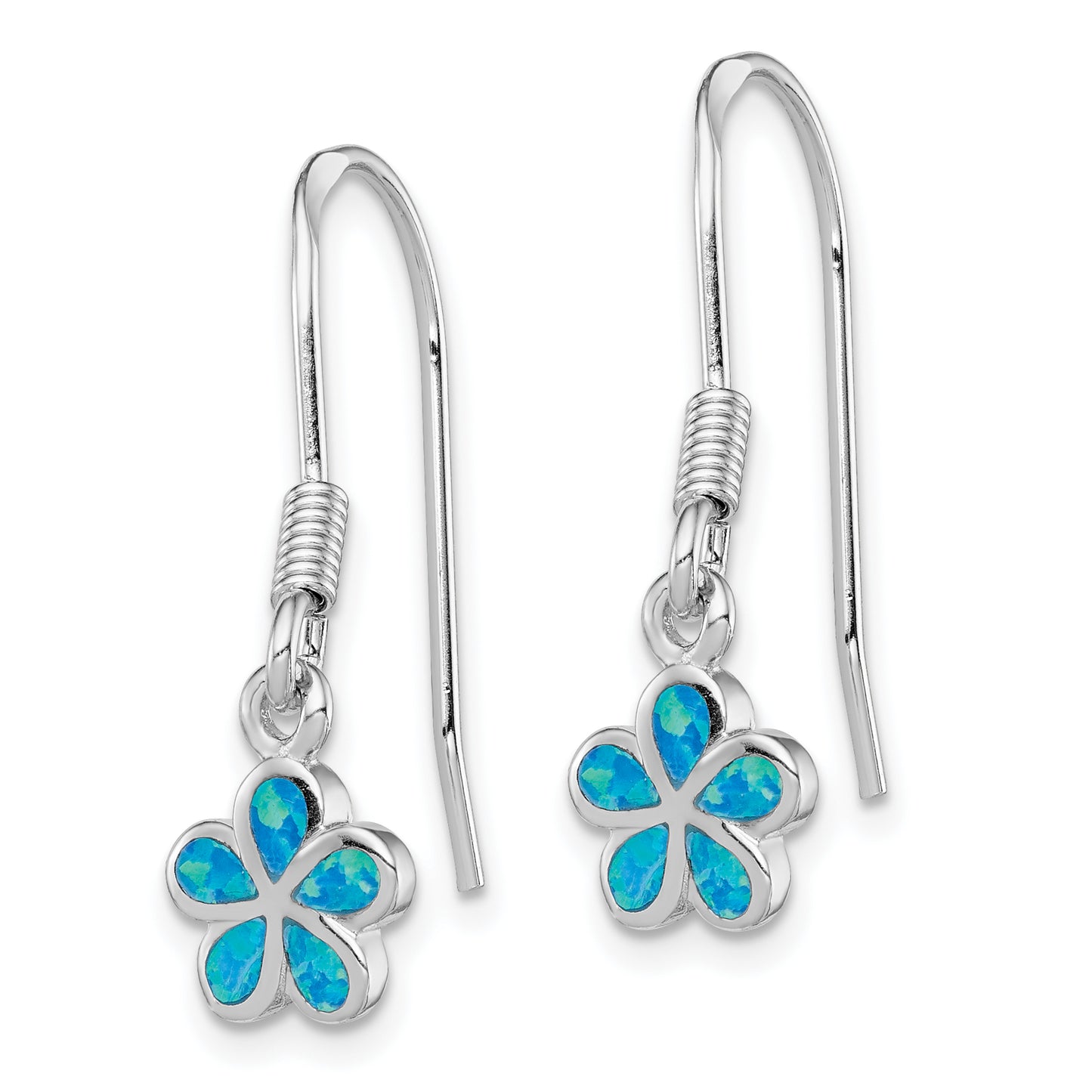 Sterling Silver Rhod-Pltd Created Blue Opal Inlay Flower Dangle Earrings