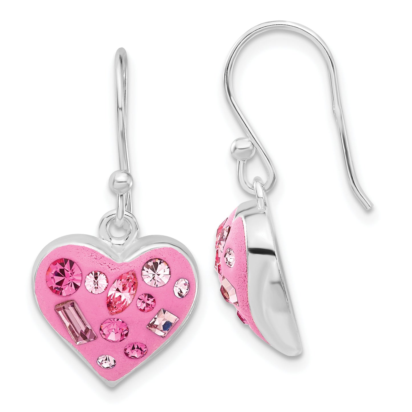 Sterling Silver Stellux Crystal Accented Pink Heart Dangle Earrings