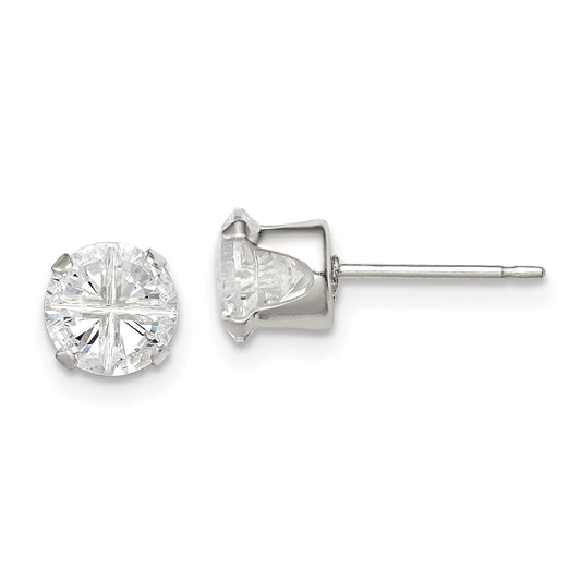 Sterling Silver 6mm Round Snap Set Cross-Cut Cz Stud Earrings