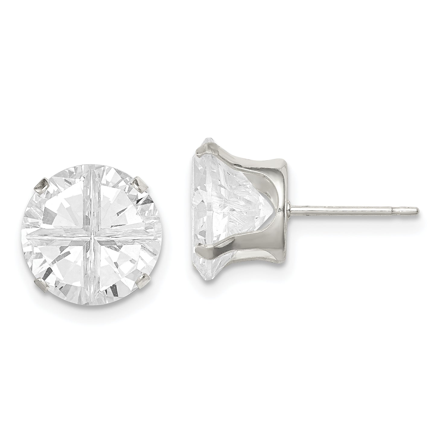 Sterling Silver 10mm Round Snap Set Cross-Cut Cz Stud Earrings