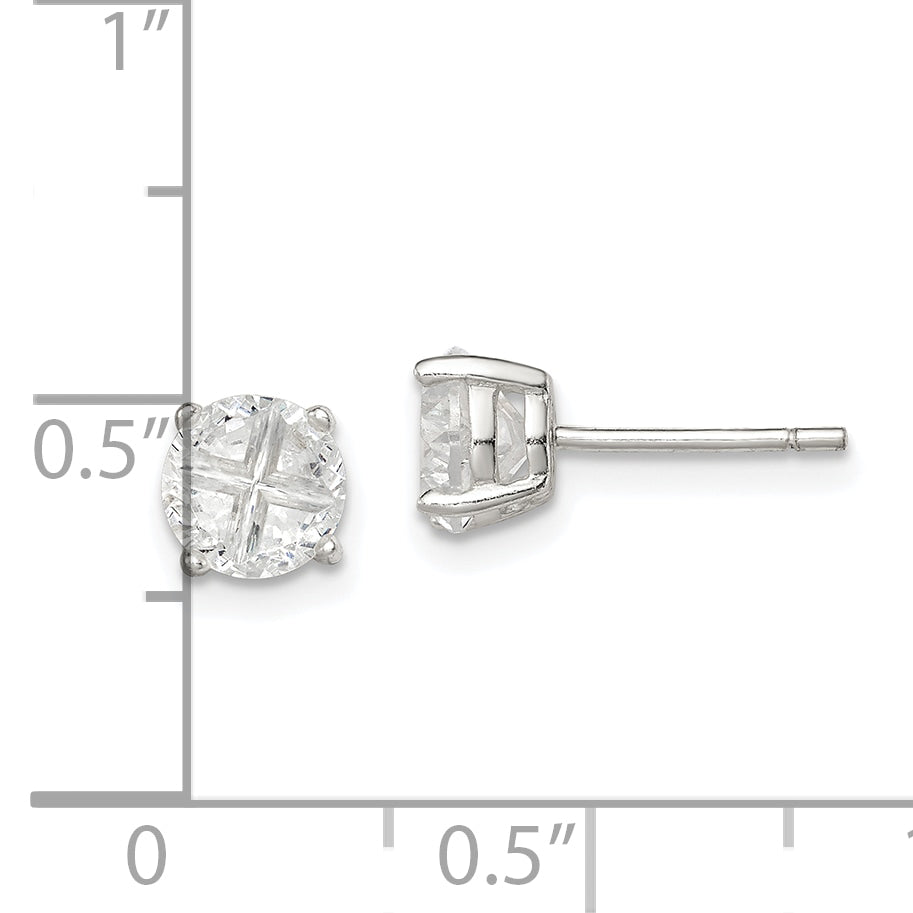 Sterling Silver 6mm Round Basket Set Cross-Cut Cz Stud Earrings