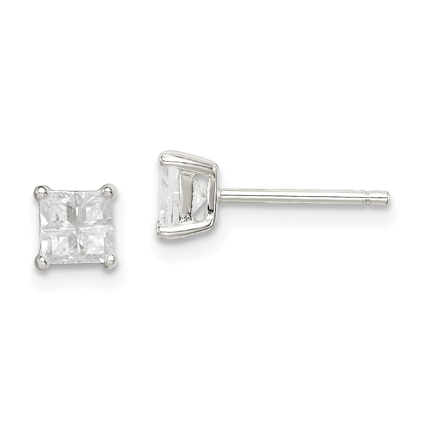 Sterling Silver 4mm Square Cross-Cut Cz Basket Set Stud Earrings