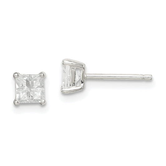 Sterling Silver 4mm Square Cross-Cut Cz Basket Set Stud Earrings