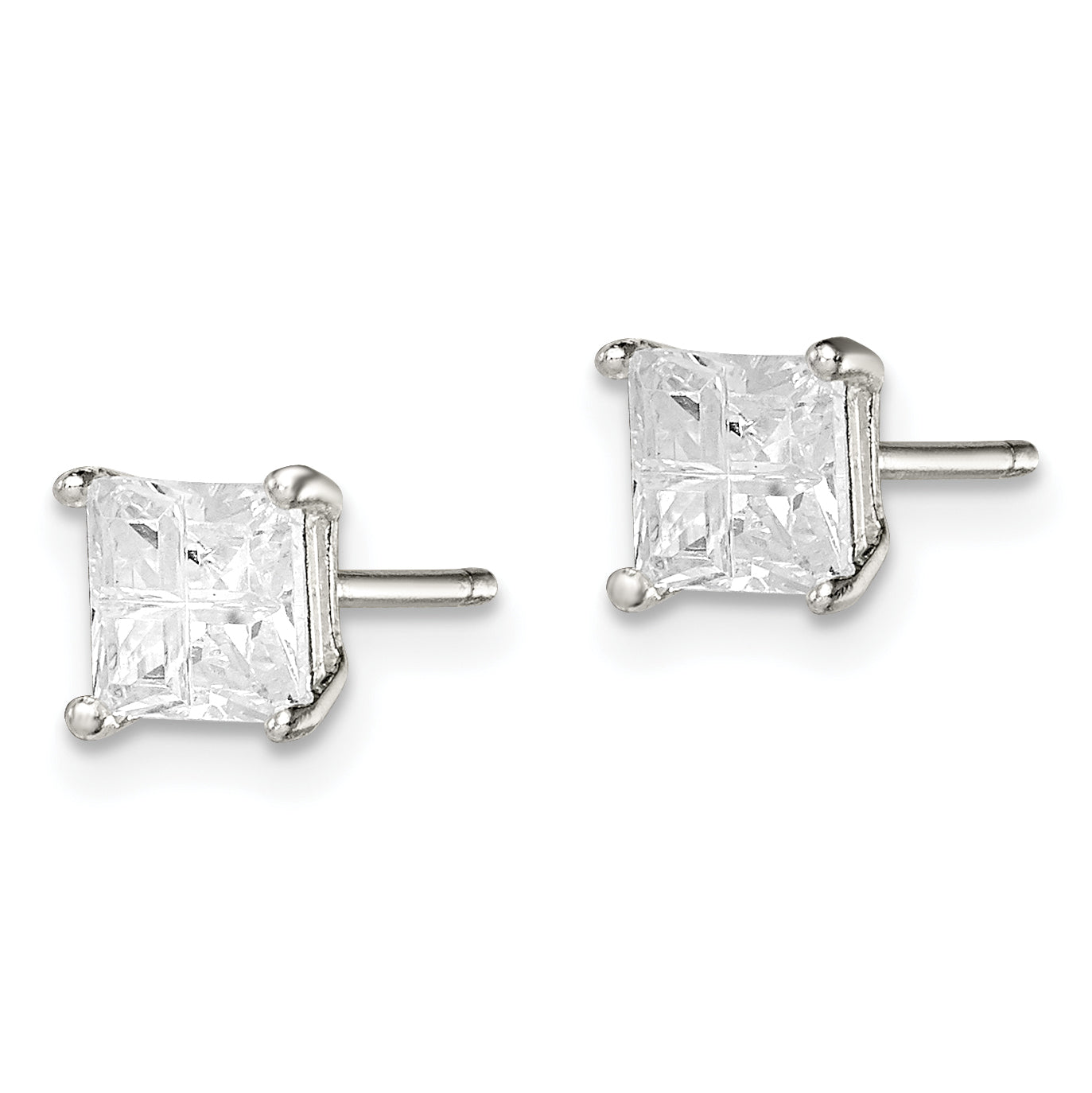 Sterling Silver 5mm Square Cross-Cut Cz Basket Set Stud Earrings