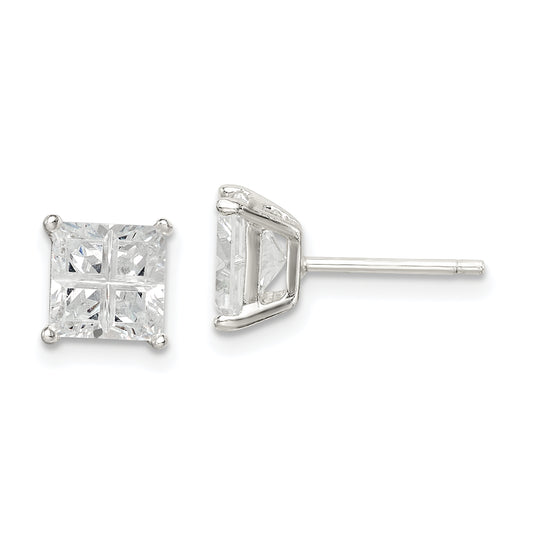 Sterling Silver 6mm Square Cross-Cut Cz Basket Set Stud Earrings