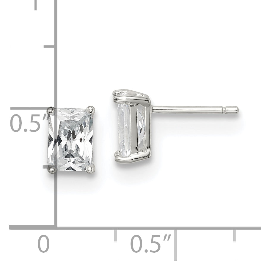 Sterling Silver Polished Emerald-Cut 7X5mm Basket Set Cz Stud Earrings