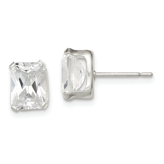 Sterling Silver Polished Emerald-Cut 8X6mm Basket Set Cz Stud Earrings