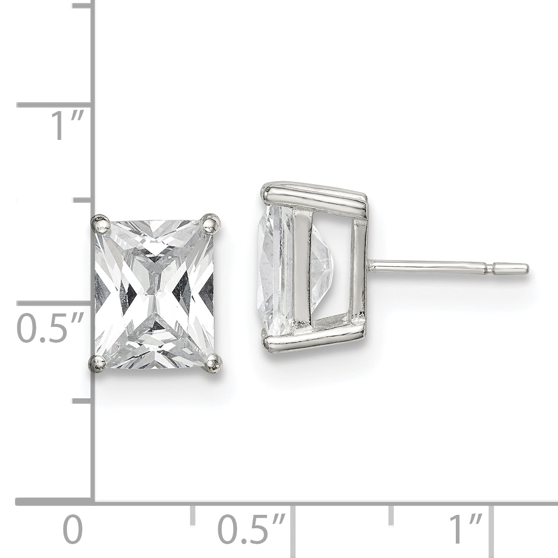 Sterling Silver Polished Emerald-Cut 10X8mm Basket Set Cz Stud Earrings