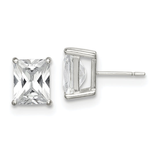 Sterling Silver Polished Emerald-Cut 10X8mm Basket Set Cz Stud Earrings