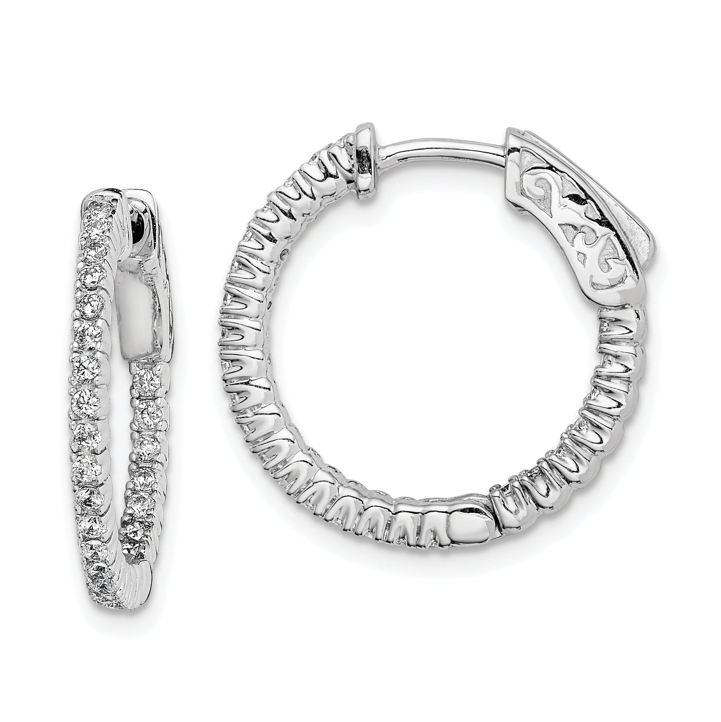 Sterling Silver Shimmer Rhodium-Plated 50 Stone 1.3mm Cz In And Out Round Hinged Hoop Earrings