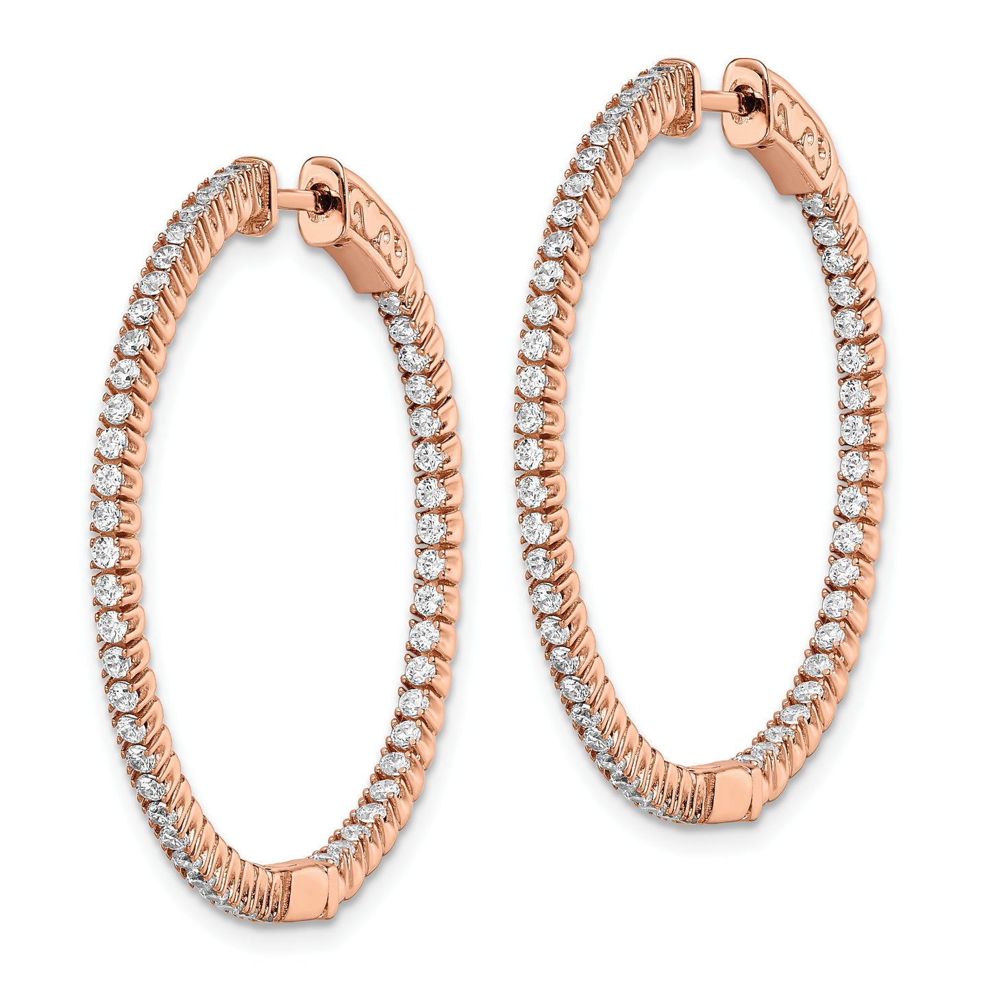 Sterling Silver Shimmer Rose-Tone Flash Rose Gold-Plated 100 Stone 1.3mm Cz In And Out Round Hinged Hoop Earrings