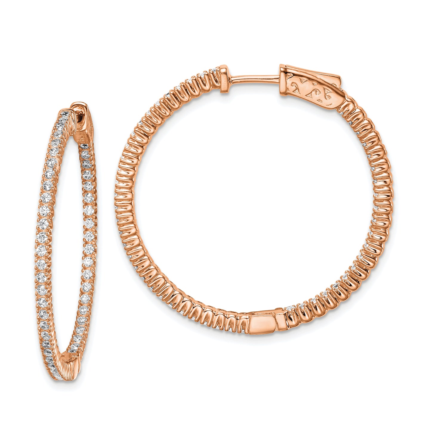 Sterling Silver Shimmer Rose-Tone Flash Rose Gold-Plated 100 Stone 1.3mm Cz In And Out Round Hinged Hoop Earrings