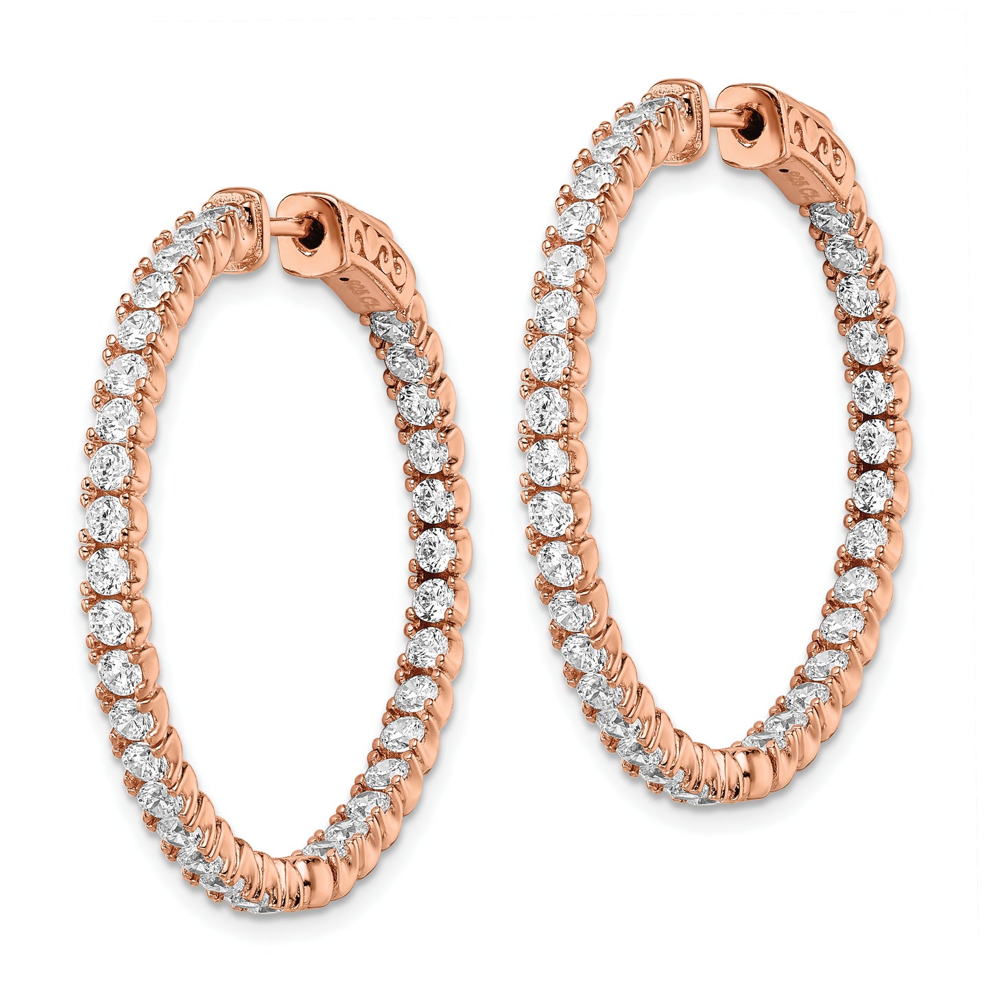 Sterling Silver Shimmer Rose-Tone Flash Rose Gold-Plated 68 Stone 2.25mm Cz In And Out Round Hinged Hoop Earrings