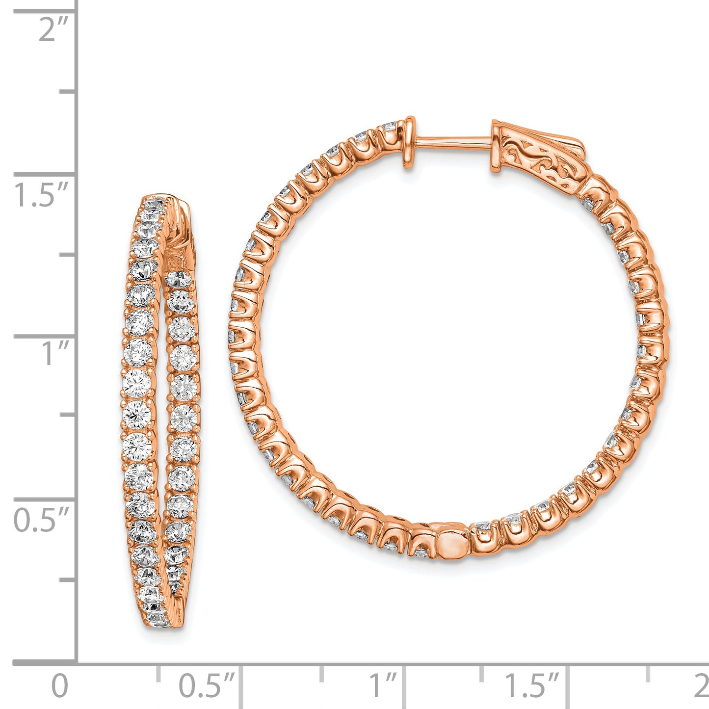 Sterling Silver Shimmer Rose-Tone Flash Rose Gold-Plated 68 Stone 2.25mm Cz In And Out Round Hinged Hoop Earrings