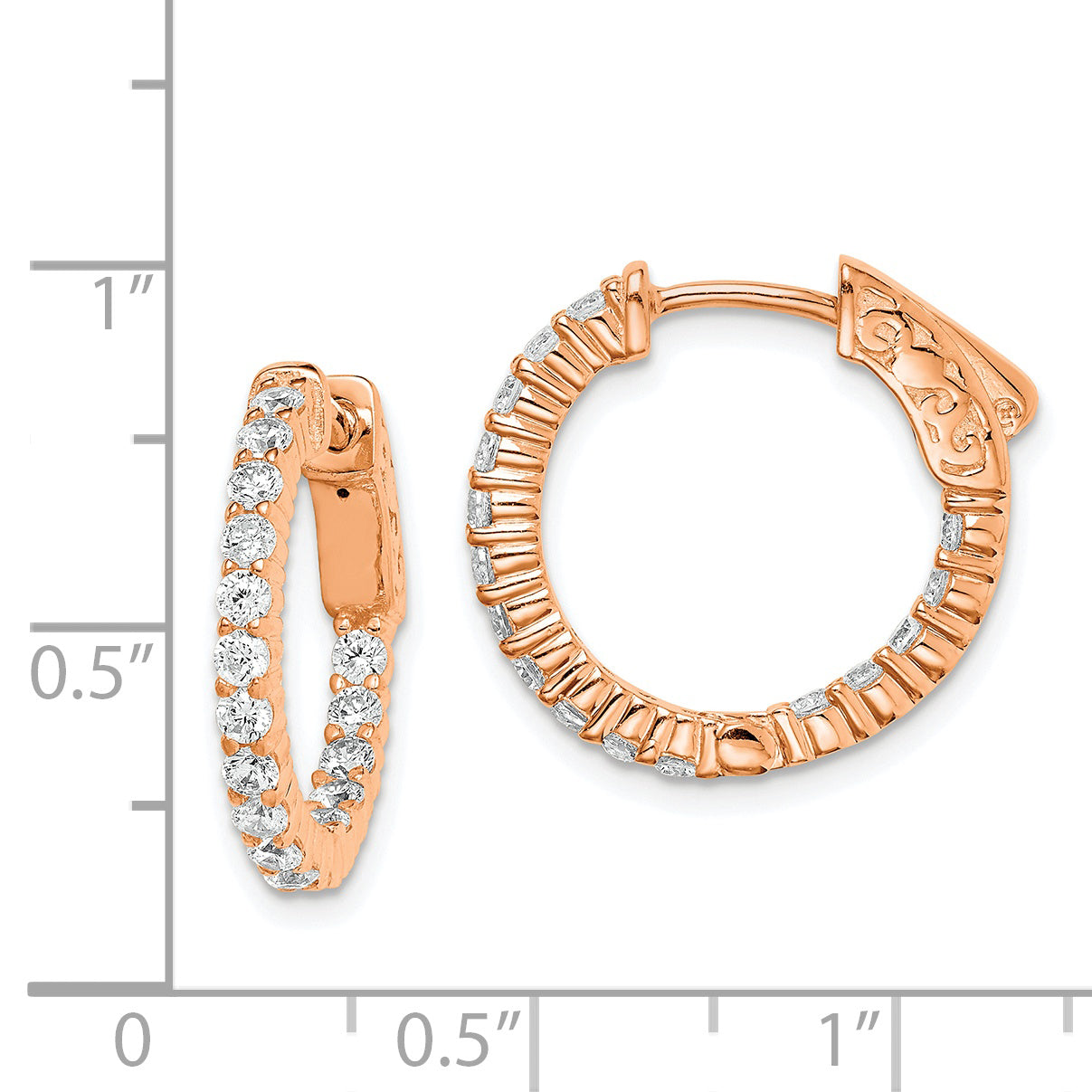 Sterling Silver Shimmer Rose-Tone Rose Gold-Plated 32 Stone 2.0mm Cz In And Out Round Hinged Hoop Earrings