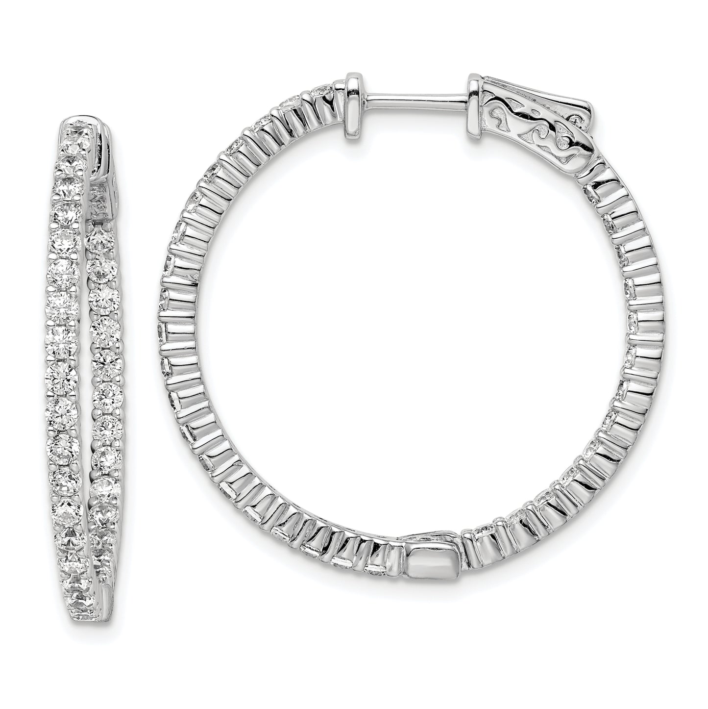 Sterling Silver Shimmer Rhodium-Plated 66 Stone 2.0mm Cz In And Out Round Hinged Hoop Earrings