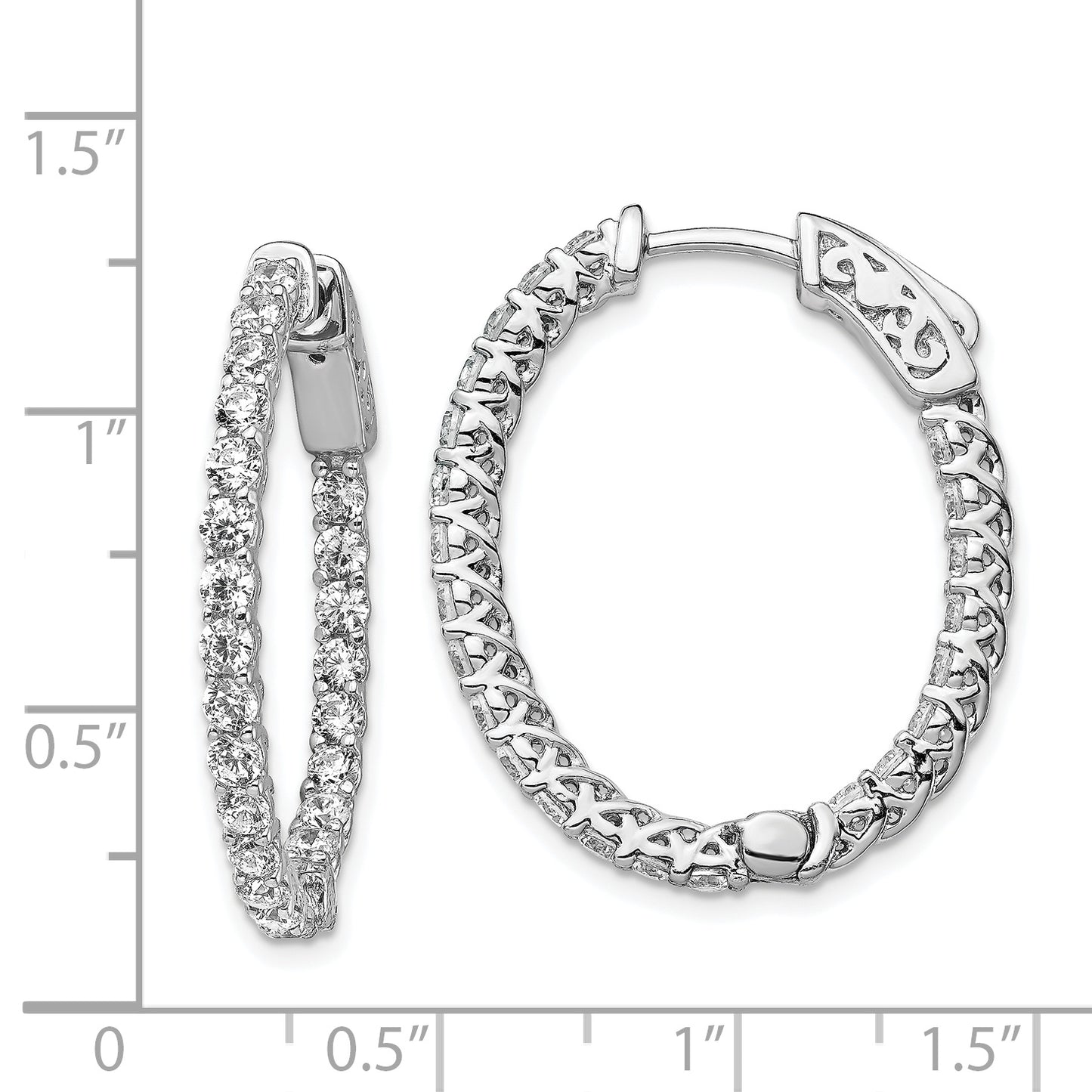 Sterling Silver Shimmer Rhodium-Plated 46 Stone 2.25mm Cz In And Out Oval Hinged Hoop Earrings