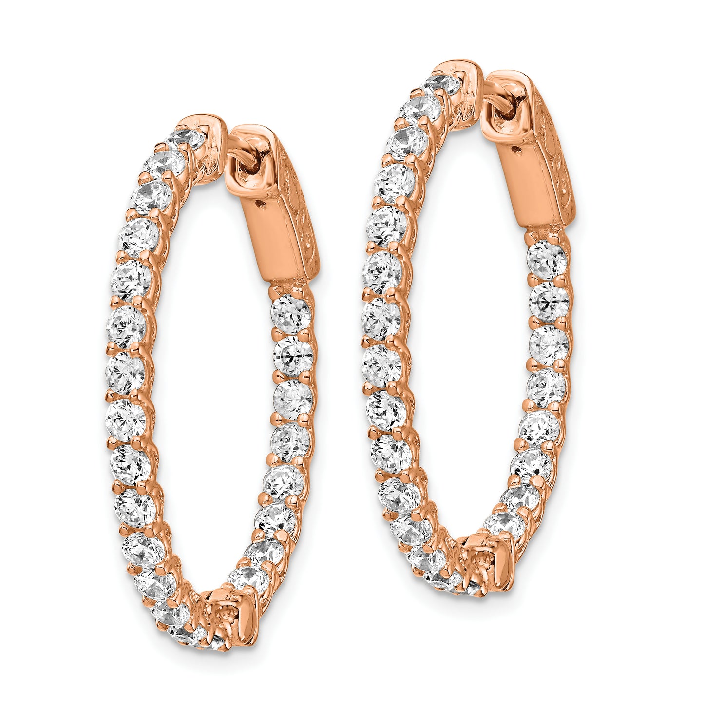 Sterling Silver Shimmer Rose-Tone Flash Rose Gold-Plated 46 Stone 2.25mm Cz In And Out Oval Hinged Hoop Earrings