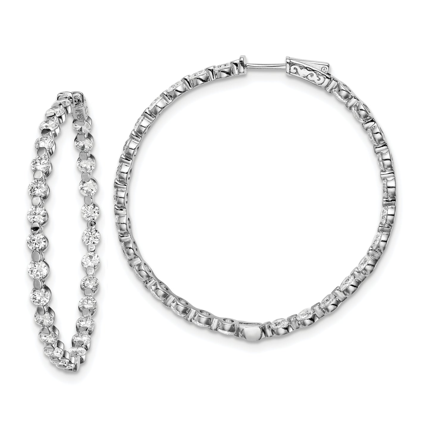 Sterling Silver Shimmer Rhodium-Plated 54 Stone 3.5mm Cz In And Out Round Hinged Hoop Earrings