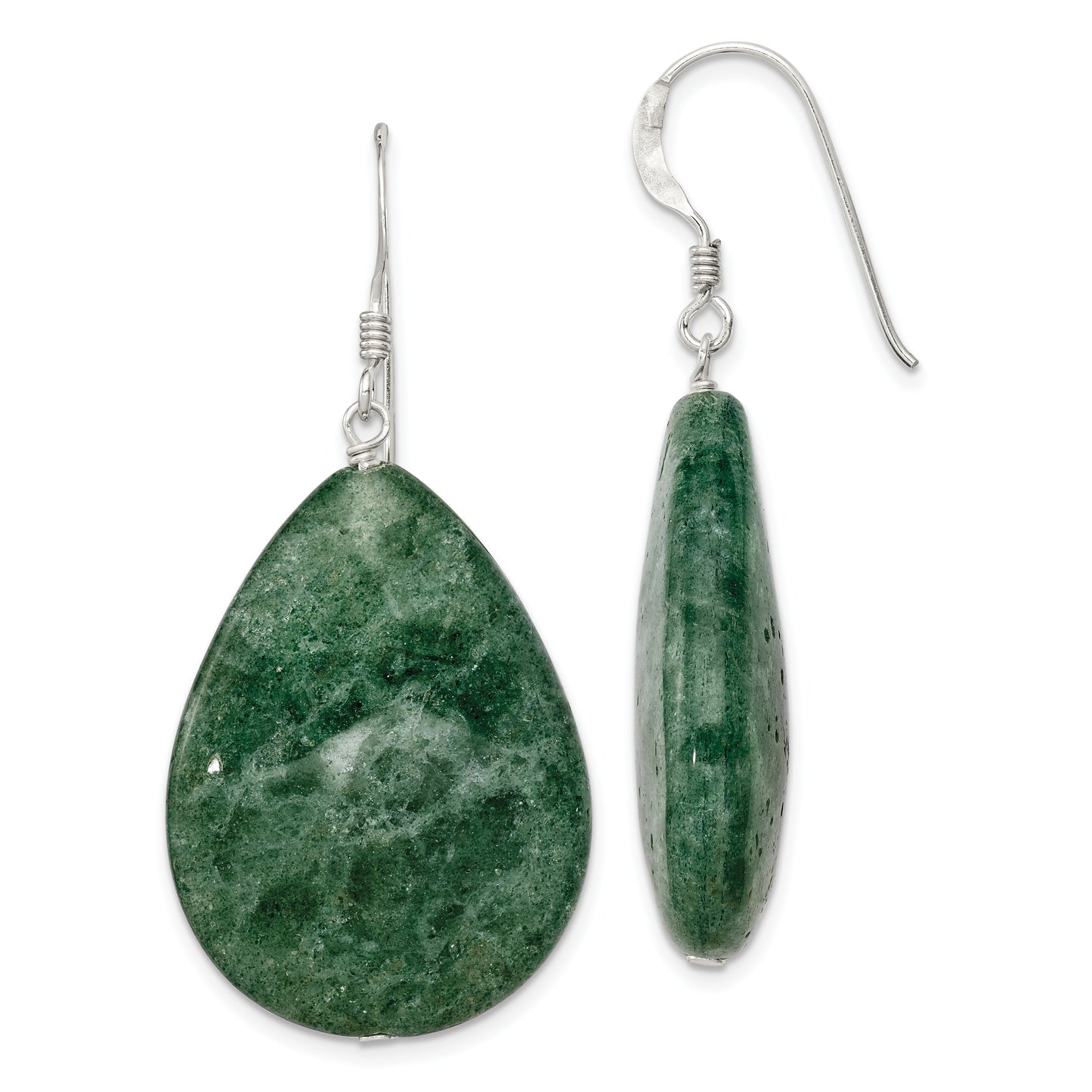 Sterling Silver Polished Cracked Aventurine Green Teardrop Dangle Earrings