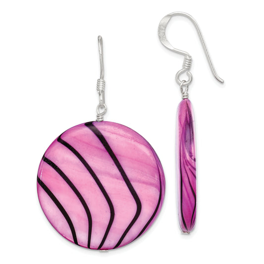 Sterling Silver Polished Pink & Black Mother Of Pearl Disc Dangle Earrings