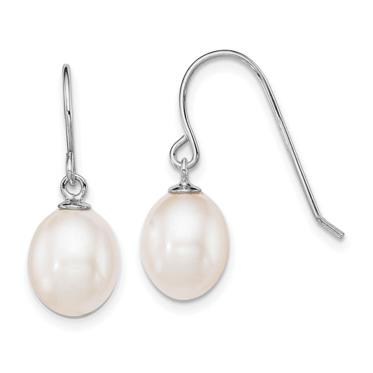 Sterling Silver Rhodium-Plated Polished White 8-9mm Freshwater Cultured Pearl Dangle Earrings